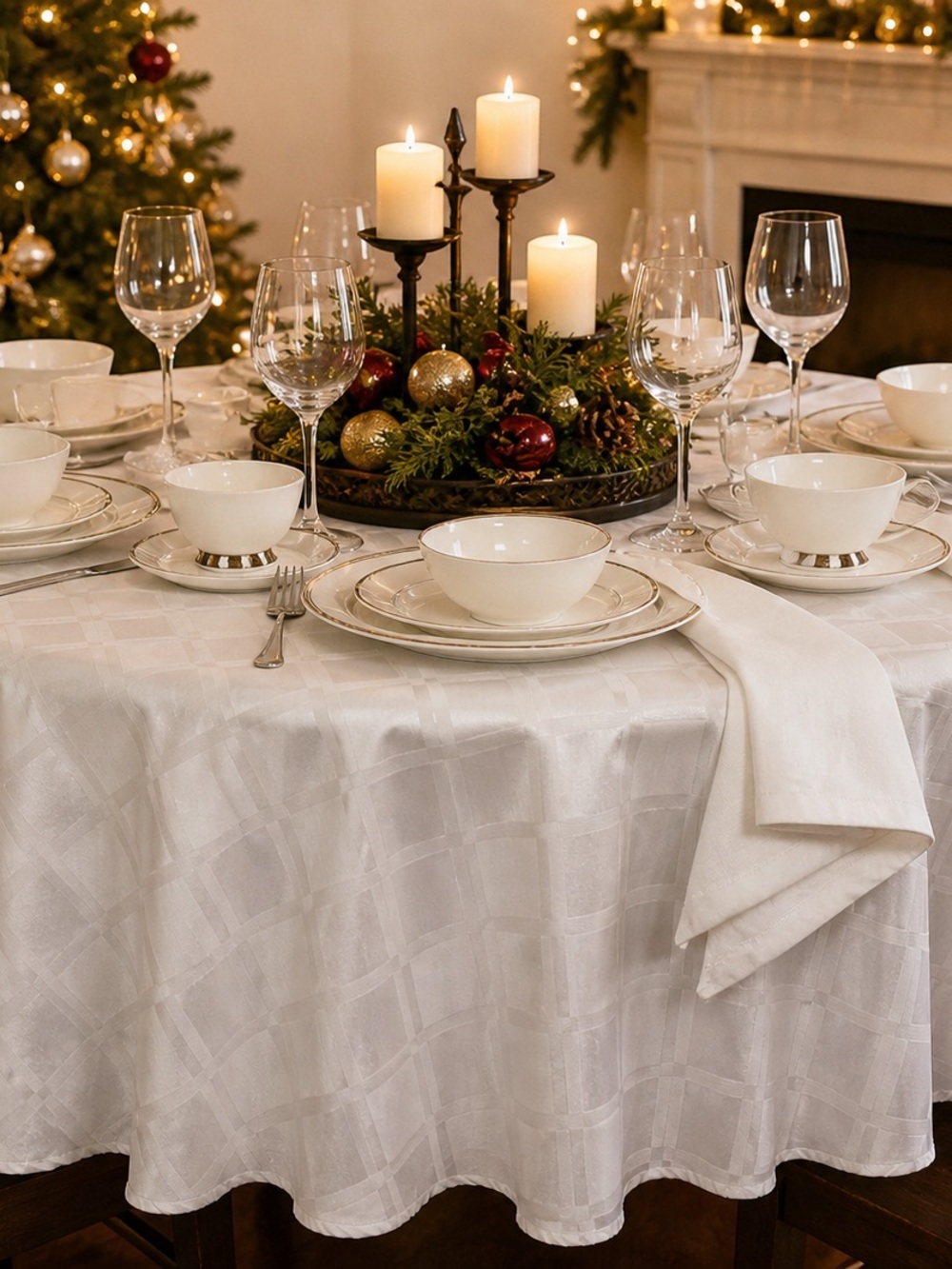 Huntington Home Holiday Tablecloth & 6 Napkin Set 70” Round White Damask - Picture 2 of 4